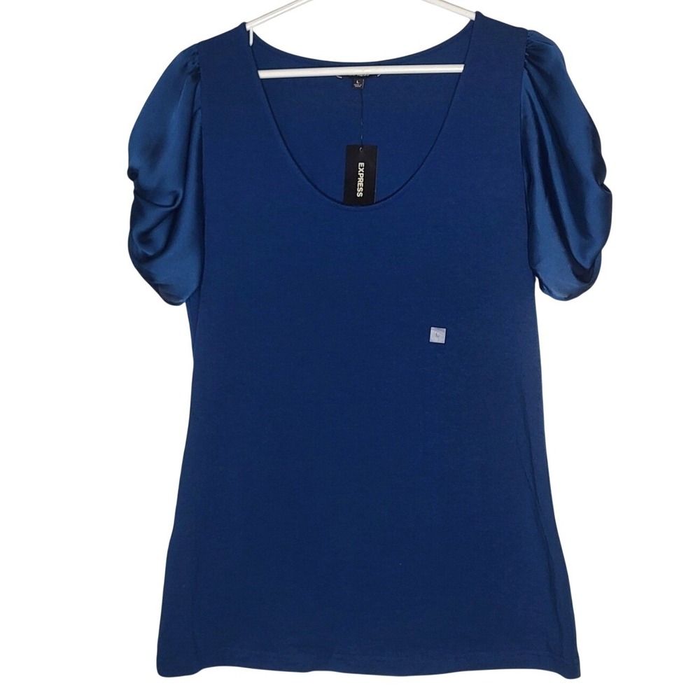Express Blue Pima Cotton Blend Scoop Neck Top Satin Bow Puff Sleeve RN55285